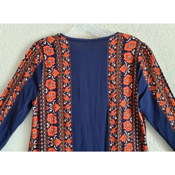 MATILDA JANE Women's S Top Navy Blue Orange Lace Pleated Crochet Neck Trim 34" - Picture 5 of 7